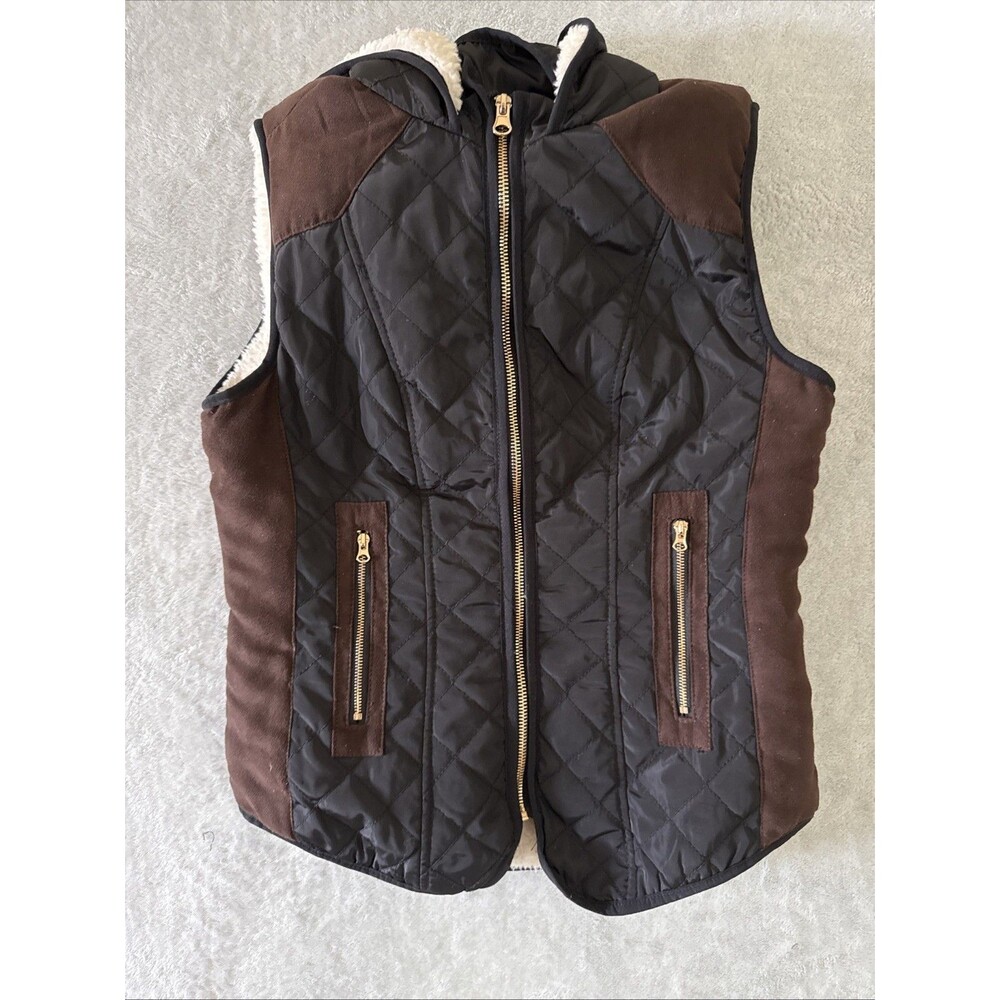 Padded Hooded Wind Resistant Cozy Zip Vest Black Cream Fleece Young Sz M Ci Sono - Picture 14 of 16
